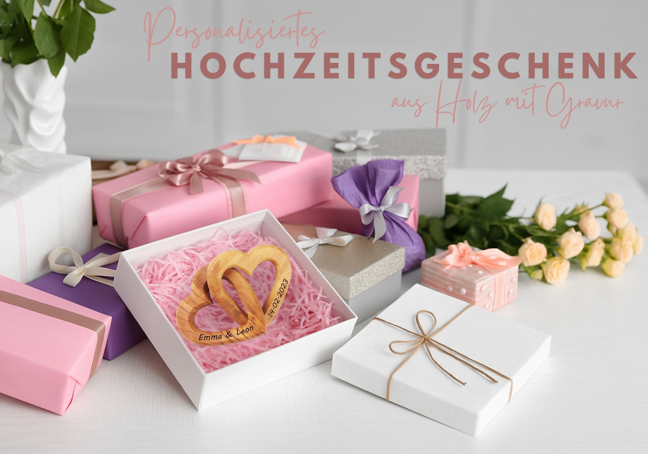 Personalisiertes Hochzeitsgeschenk aus Holz mit Gravur