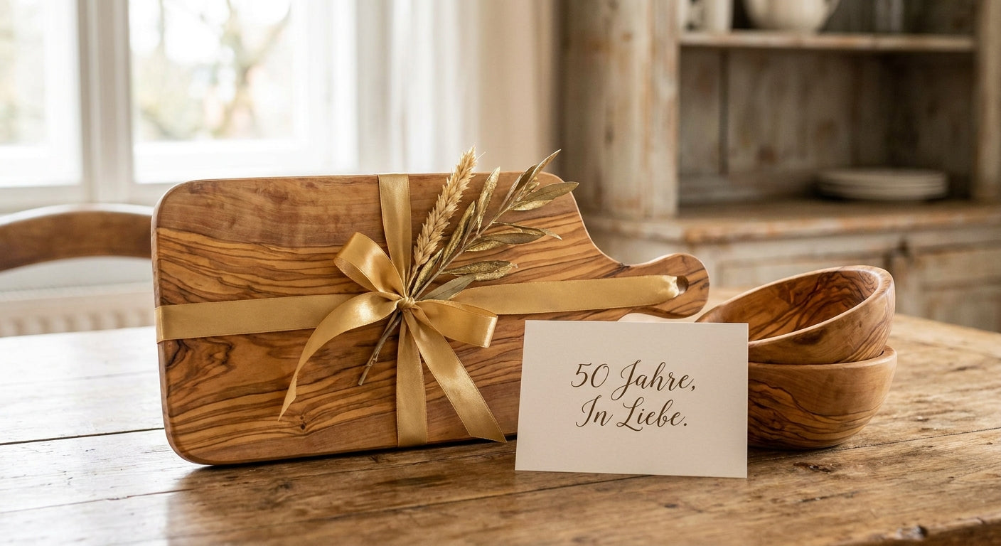 Geschenk zur goldenen Hochzeit aus Olivenholz: 3 Ideen 2026
