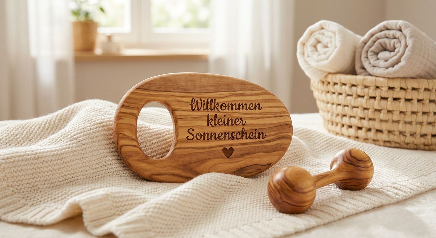 Geschenk zur Geburt aus Olivenholz mit Gravur 2026