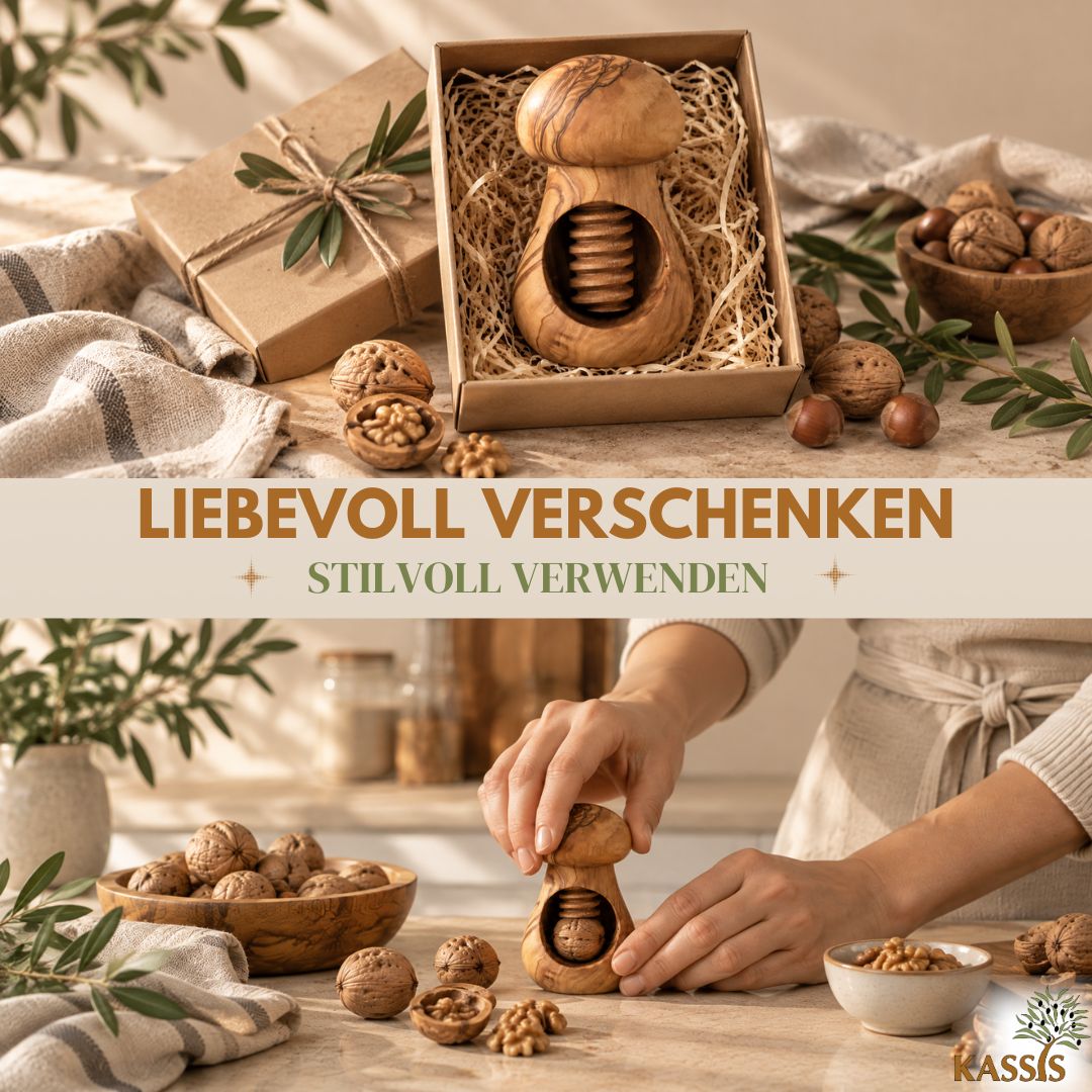 Nussknacker aus Olivenholz | Nussöffner aus Holz mit Schraubmechanik