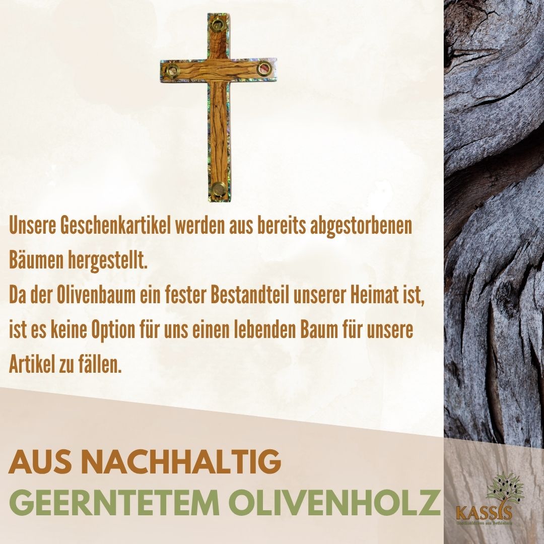 Olivenholz Kreuz mit Einlagen aus Bethlehem 25 × 15 cm | Wandkreuz mit Erde, Steinen, Weihrauch & Olivenblättern