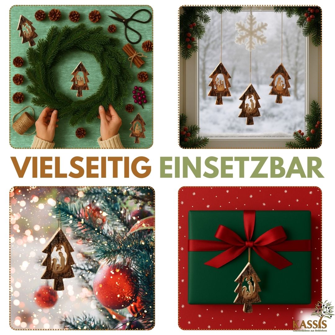 Krippen-Anhänger aus Olivenholz im Tannenbaum mit Rinde (3er Set) | Baumschmuck & Weihnachtsdeko für Advent und Weihnachten