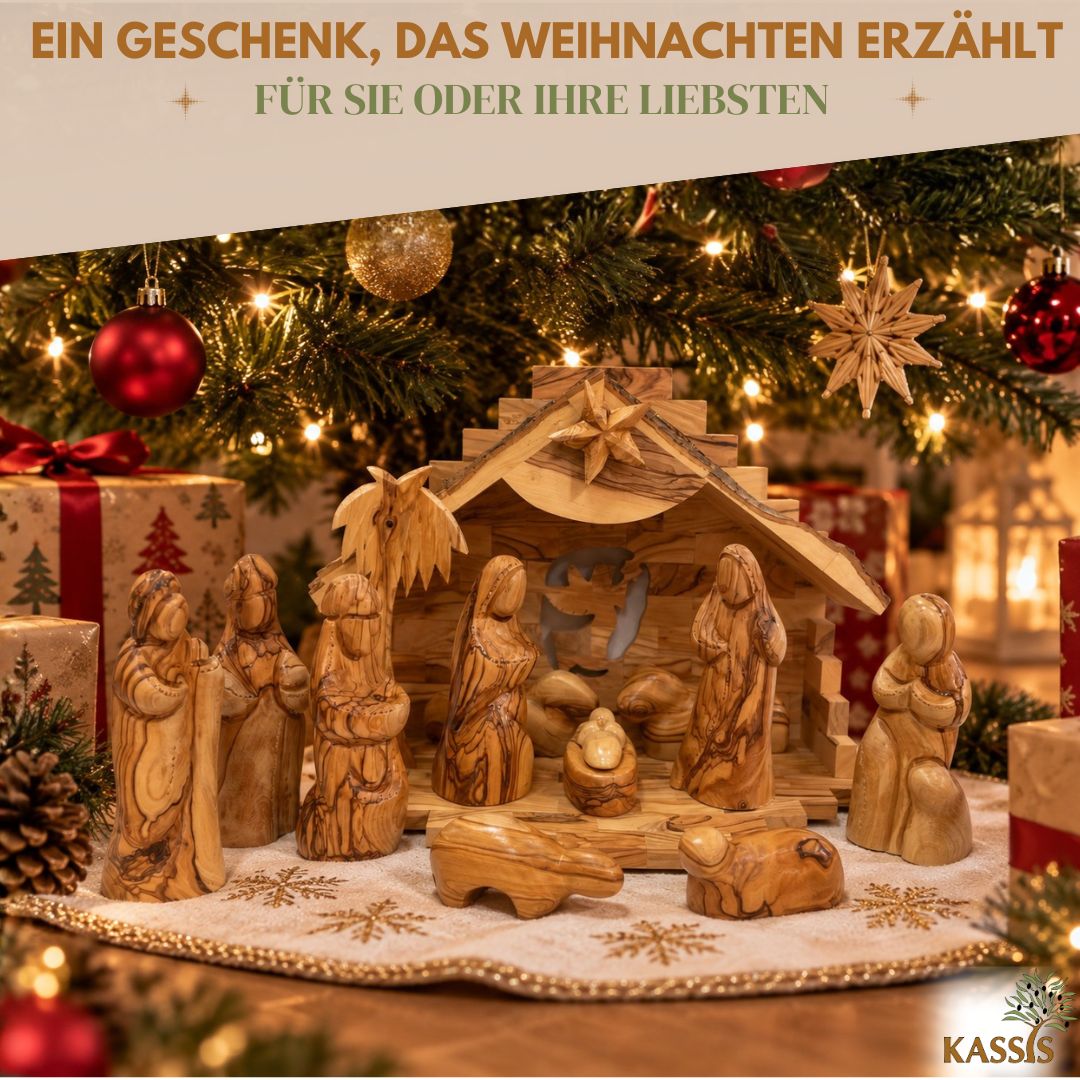 Weihnachtskrippe aus Olivenholz mit Figuren ohne Gesichter (mittelgroß)| Krippenset aus Holz