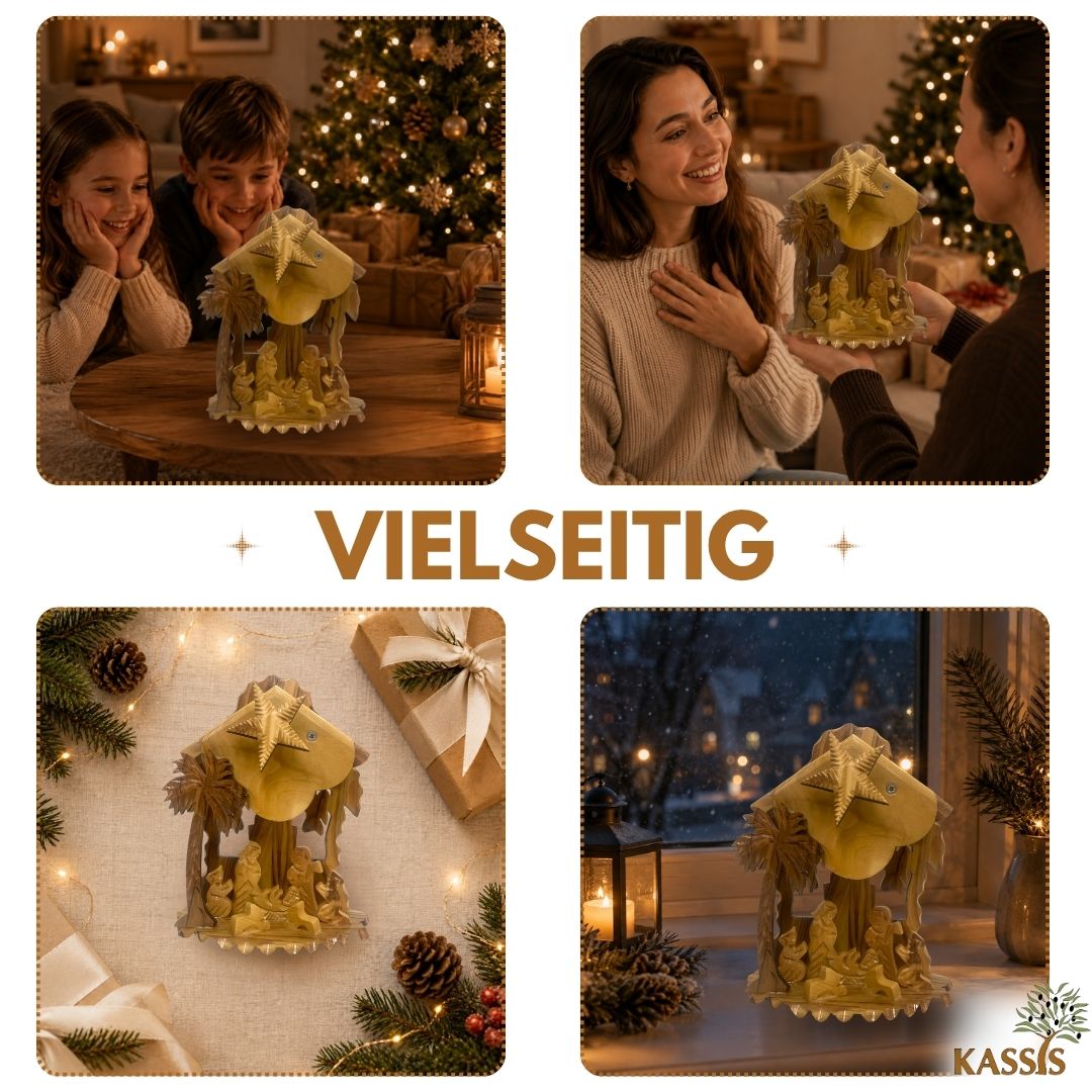 Weihnachtskrippe aus Olivenholz mit Aufziehmechanismus | Weihnachtsdeko & Geschenk für Advent und Weihnachten
