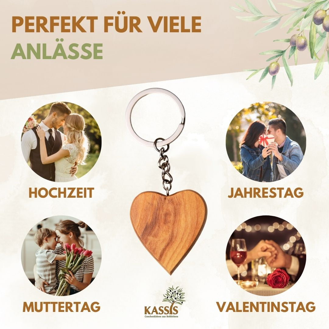 Personalisierter Schlüsselanhänger Herz aus Olivenholz mit Gravur | Geschenk Taufe, Kommunion, Liebe