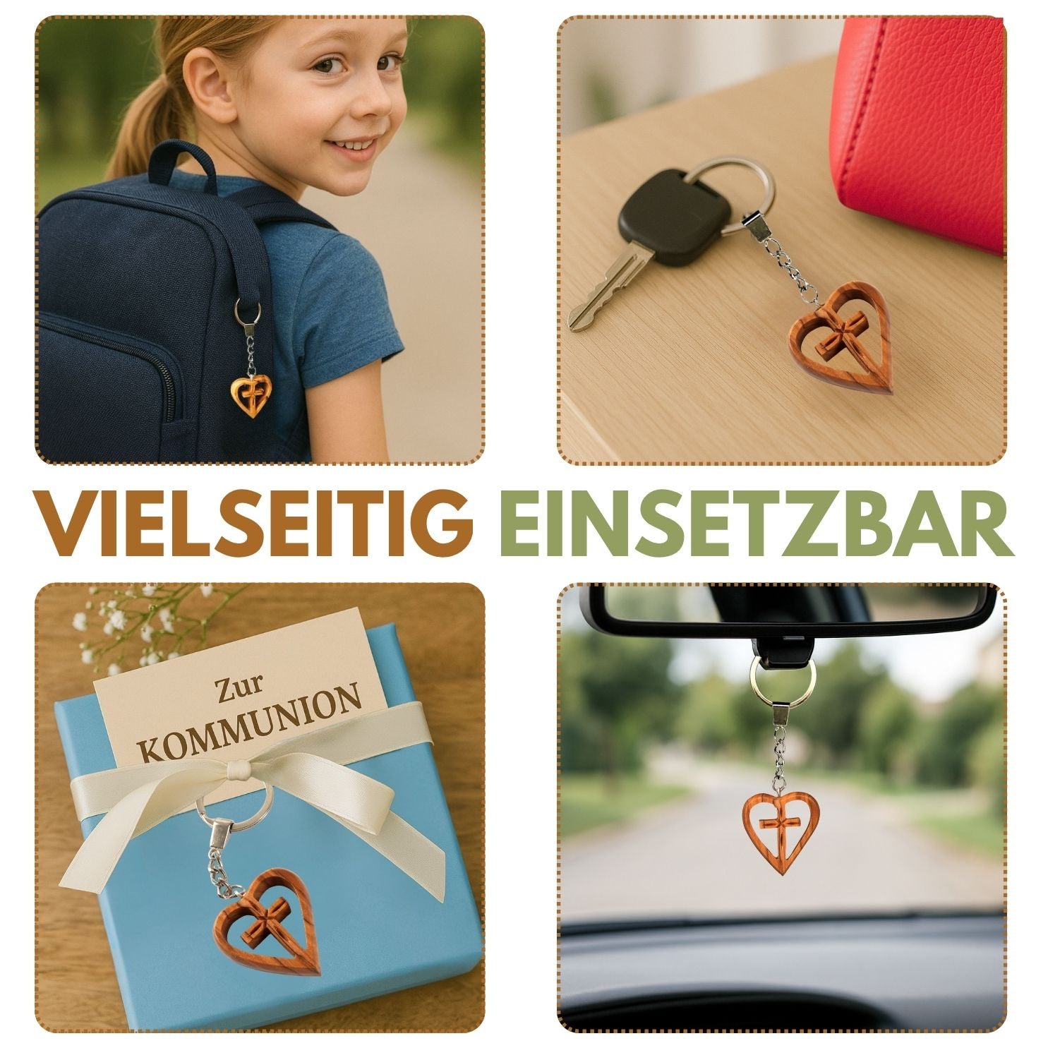 Schlüsselanhänger Kreuz im Herz aus Olivenholz | Liebevoller Glücksbringer als Geschenk zur Taufe, Kommunion & Geburtstag