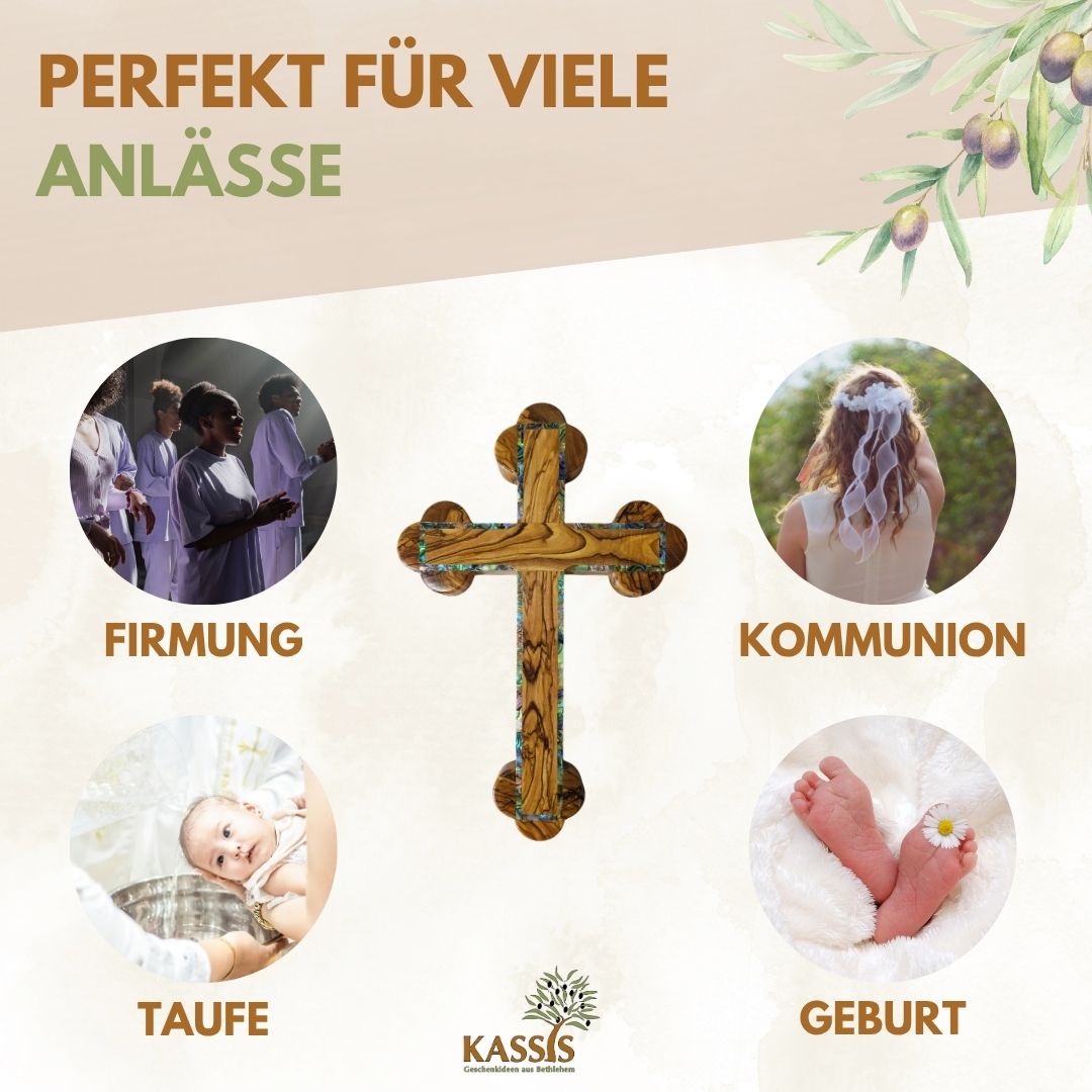 Olivenholz Kreuz mit Perlmutt-Rand | Wandkreuz Geschenk zur Taufe, Kommunion & Firmung