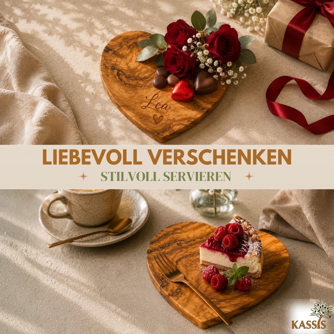 Servierbrett Herz aus Olivenholz (22 × 19 cm) | Herzbrett & Schneidebrett aus Holz