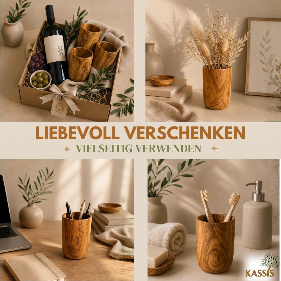 Glas aus Olivenholz | Handgefertigter Trinkglas, Deko, Zahnputzglas & Pinselhalter