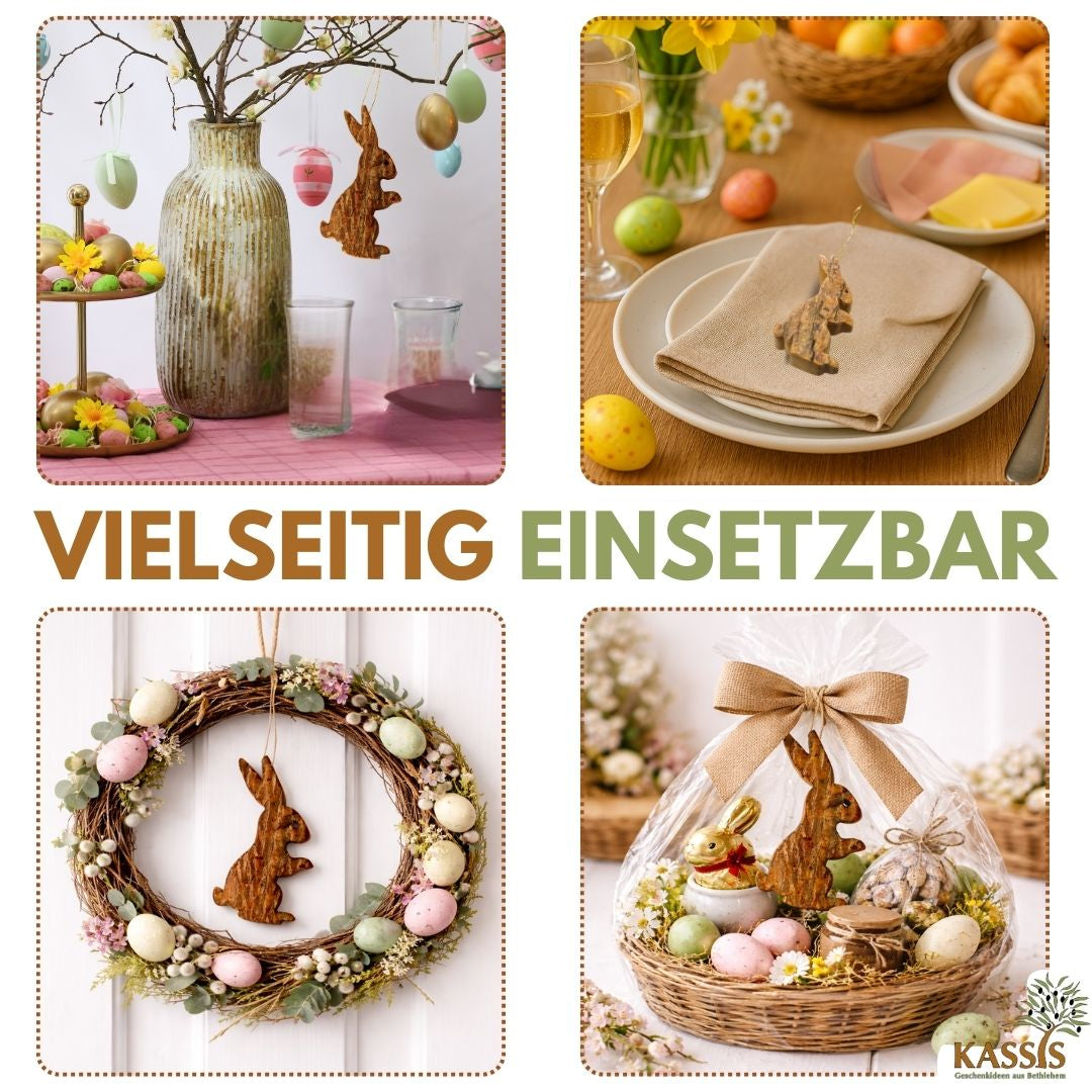 Osterhase Anhänger aus Olivenholz mit Rinde | Natürliche Osterdeko & Baumschmuck für Ostern