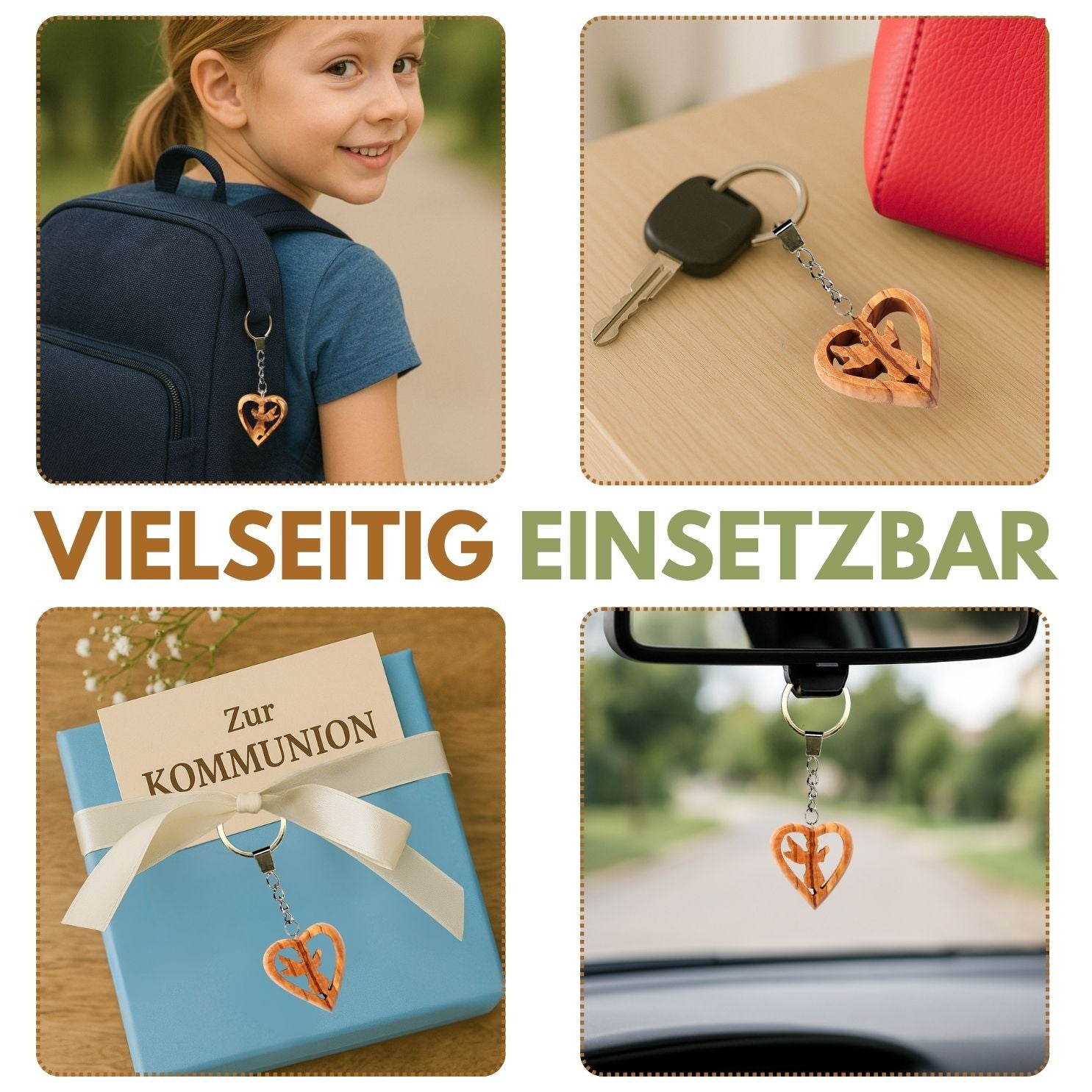 Schlüsselanhänger Schutzengel im Herz aus Olivenholz | Liebevoller Glücksbringer als Geschenk zur Taufe, Kommunion & Geburtstag