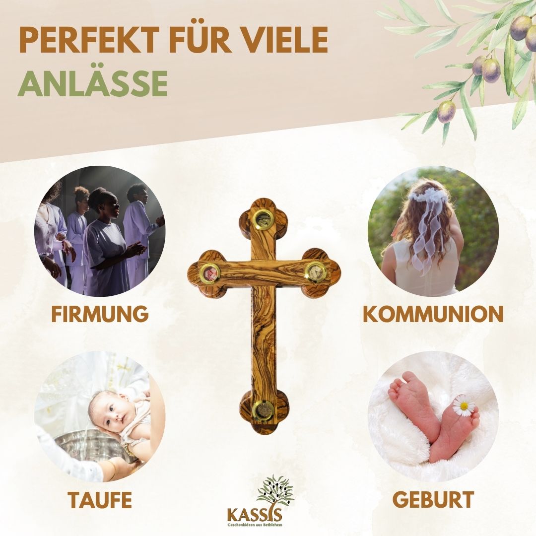 Olivenholz Kreuz mit Einlagen aus Bethlehem 28 × 18,5 cm | Erde, Steine, Weihrauch & Olivenblätter