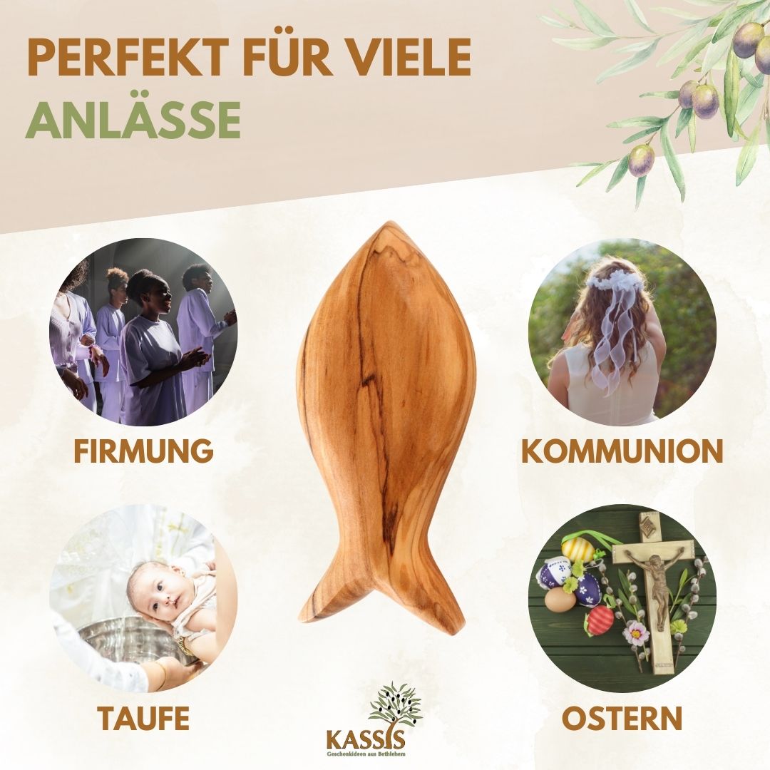 Fisch Handschmeichler aus Olivenholz | Kleiner Glücksbringer als Geschenk zur Taufe, Kommunion & Geburt