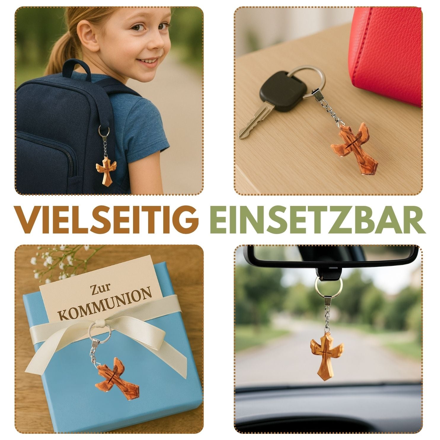 Personalisierter Schlüsselanhänger aus Olivenholz mit Gravur – Kreuz in Engel Form | Geschenk zur Taufe, Kommunion, Geburtstag