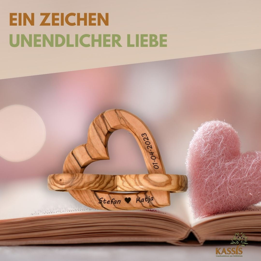 Personalisiertes Herz aus Olivenholz mit Unendlichkeitssymbol 7,5 cm | Geschenk zur Hochzeit, Valentinstag, Jubiläum