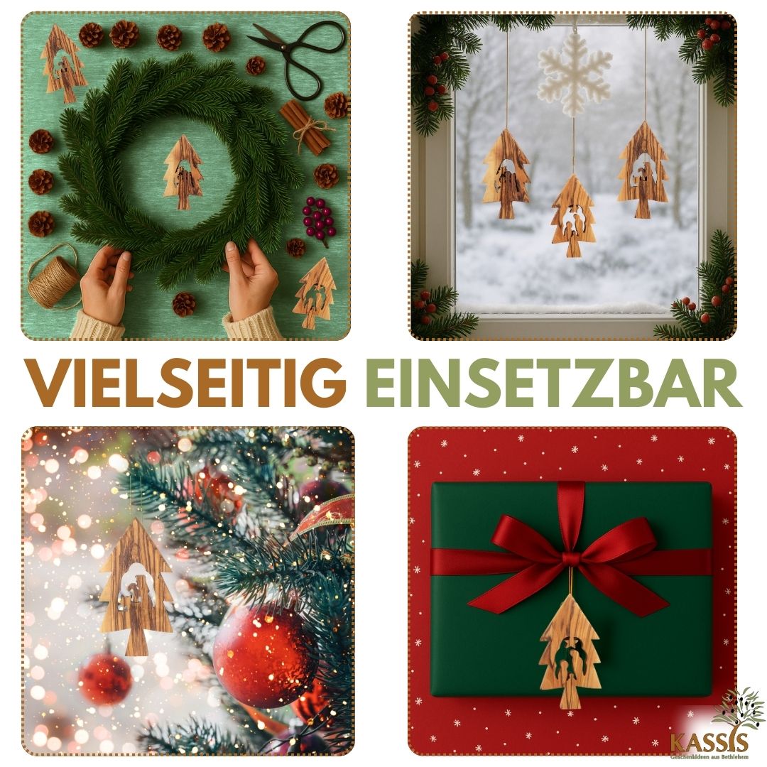 Olivenholz Krippen-Anhänger im Tannenbaum 3er Set (ohne Rinde) | Baumschmuck & Weihnachtsdeko für Advent und Weihnachten
