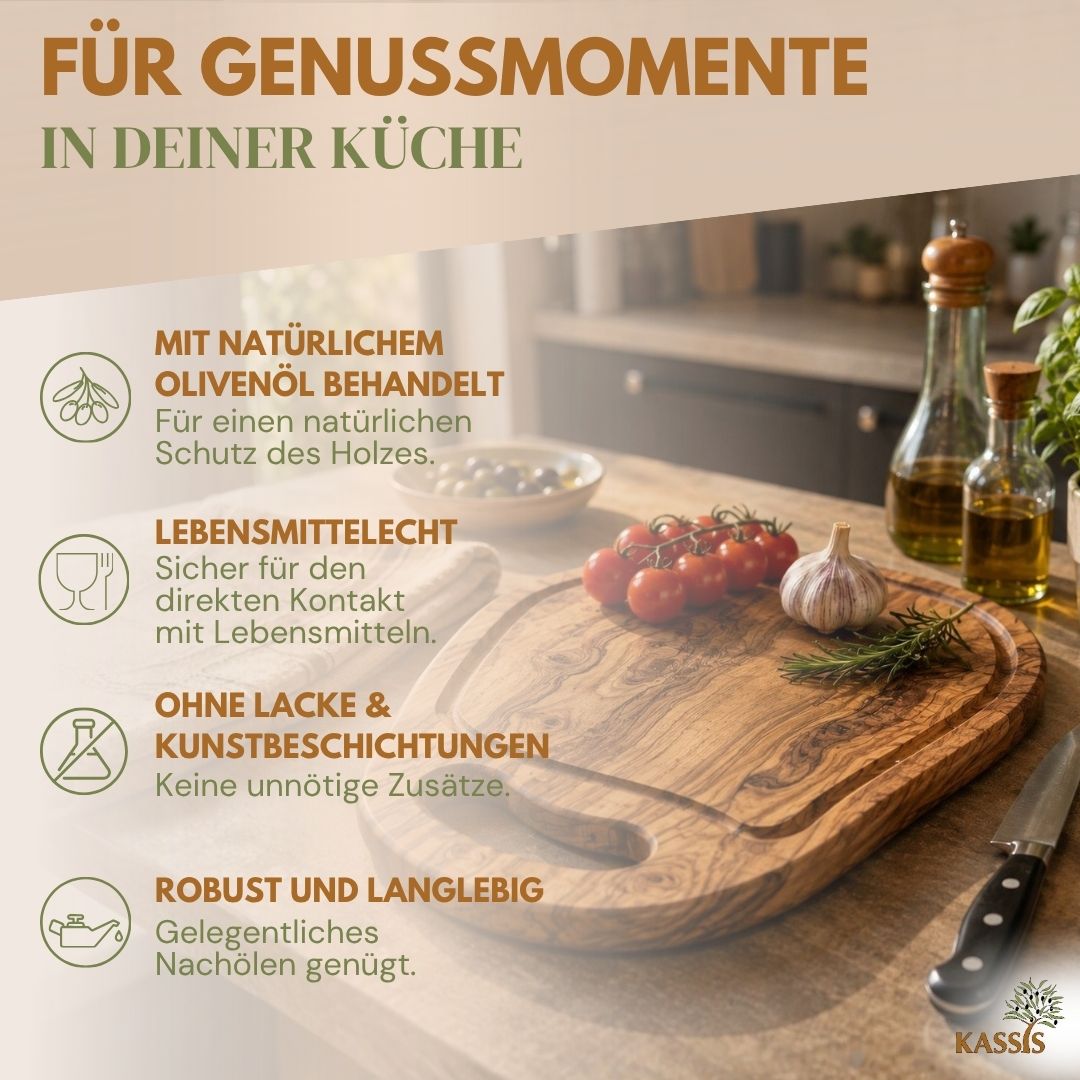 Schneidebrett aus Olivenholz mit Griff | Massives Küchenbrett zum Schneiden und Servieren