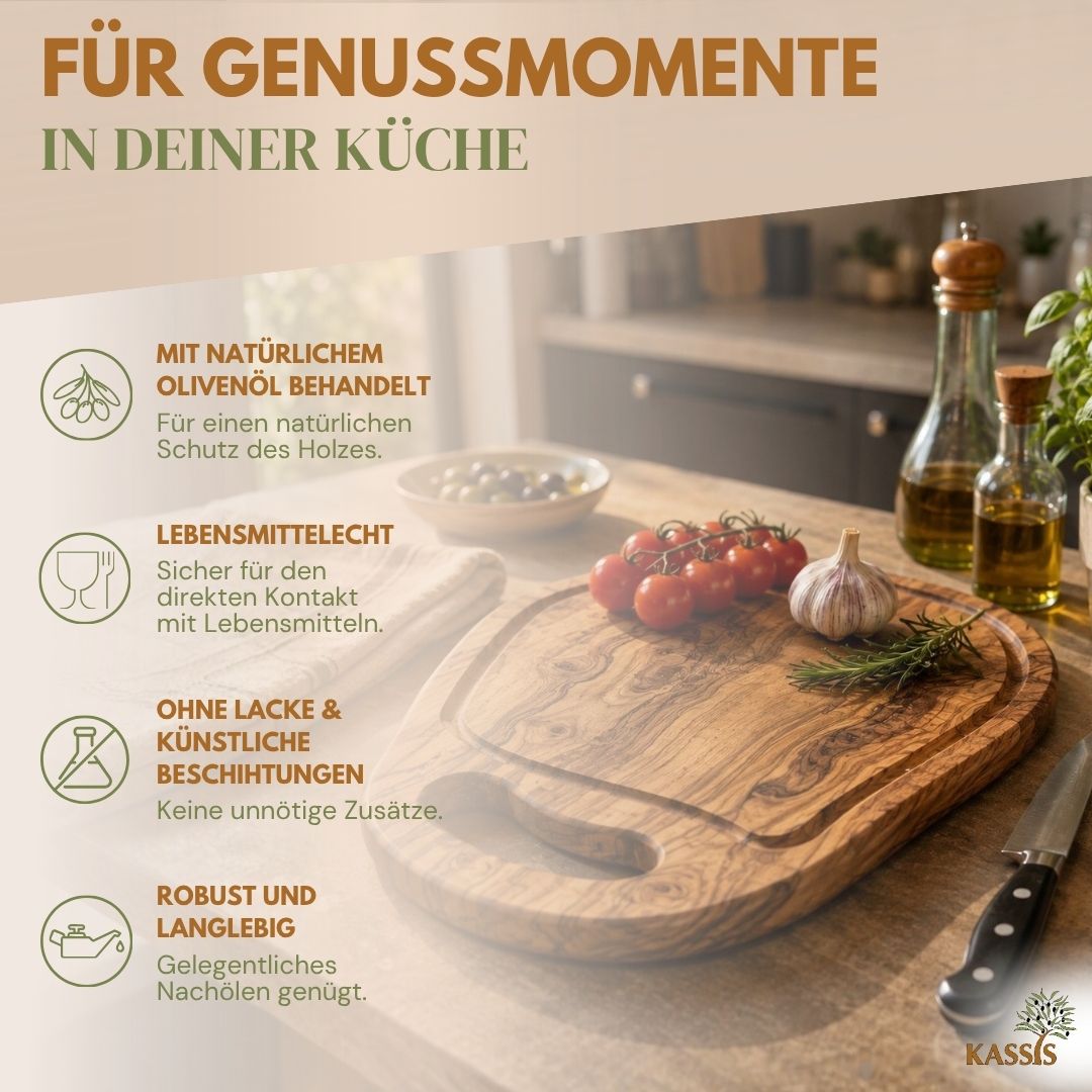 Schneidebrett aus Olivenholz mit Griff | Massives Küchenbrett zum Schneiden und Servieren