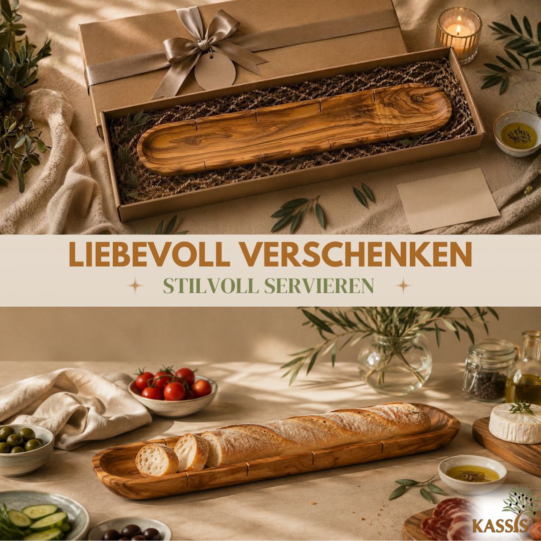 Baguettebrett aus Olivenholz mit Einschnitten | Schneide- & Servierbrett für Baguette