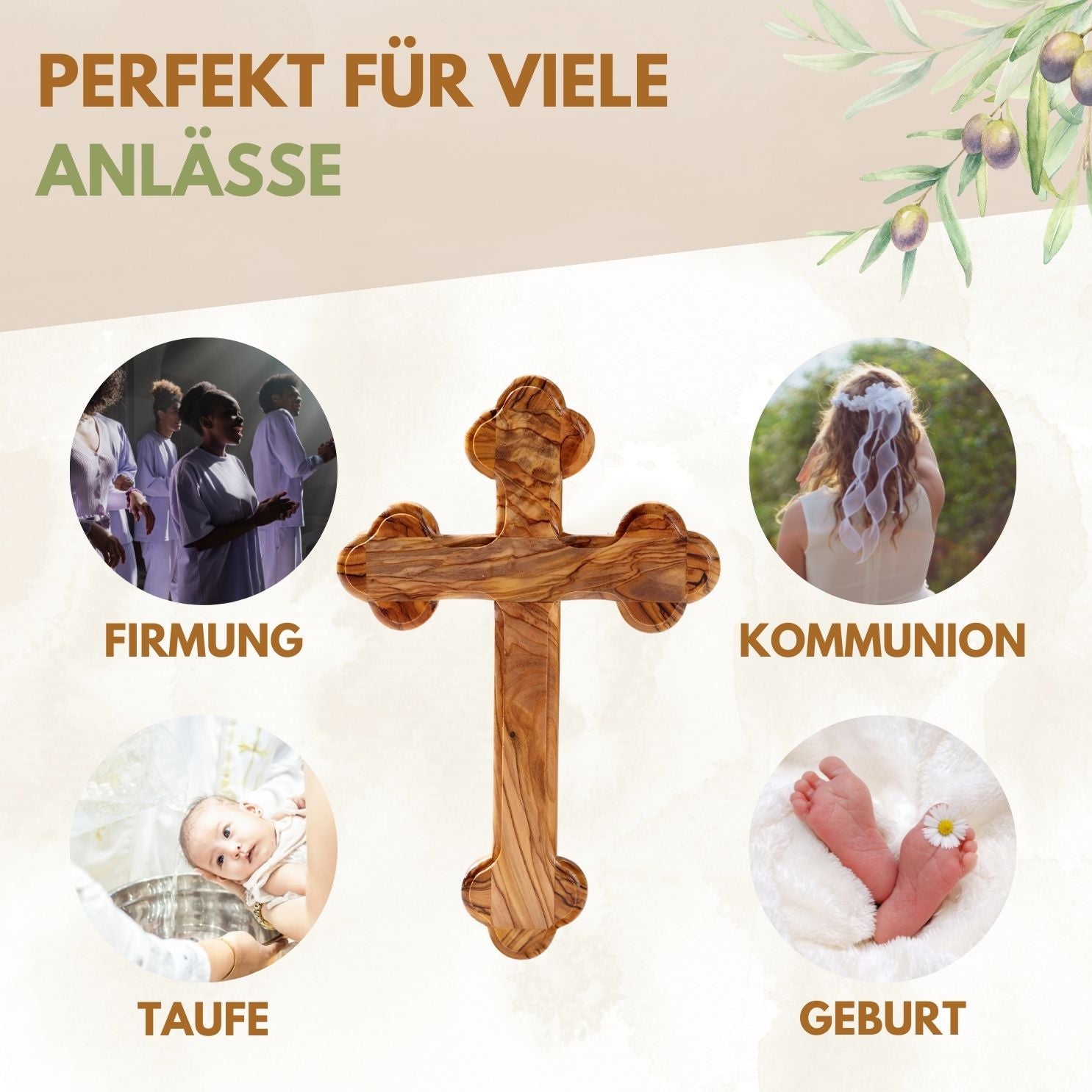 Olivenholz Kreuz mit runden Kanten | Wandkreuz Geschenk Taufe, Kommunion, Firmung