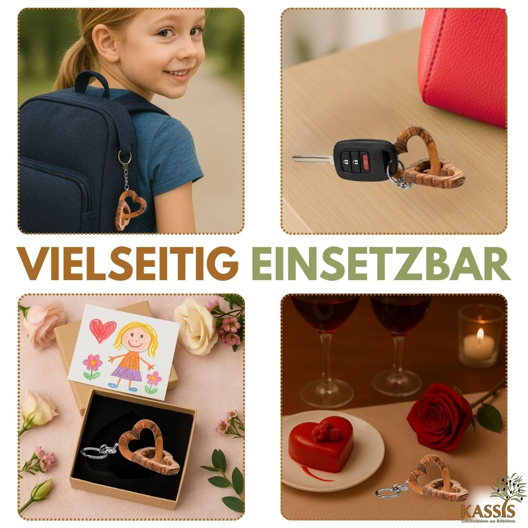 Personalisierter Schlüsselanhänger verbundene Herzen aus Olivenholz mit Gravur | Geschenk zur Hochzeit, Valentinstag, Jahrestag