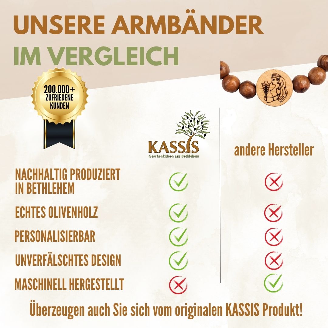 Olivenholz Armband mit Sternzeichen Anhänger | Personalisiertes Perlenarmband Damen & Herren, Geschenk Geburtstag