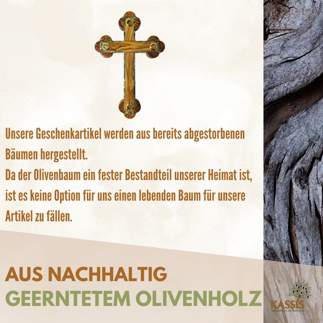 Olivenholz Kreuz mit Perlmutt-Rand & Einlagen aus Bethlehem 28 × 18,5 cm | Handarbeit aus dem Heiligen Land