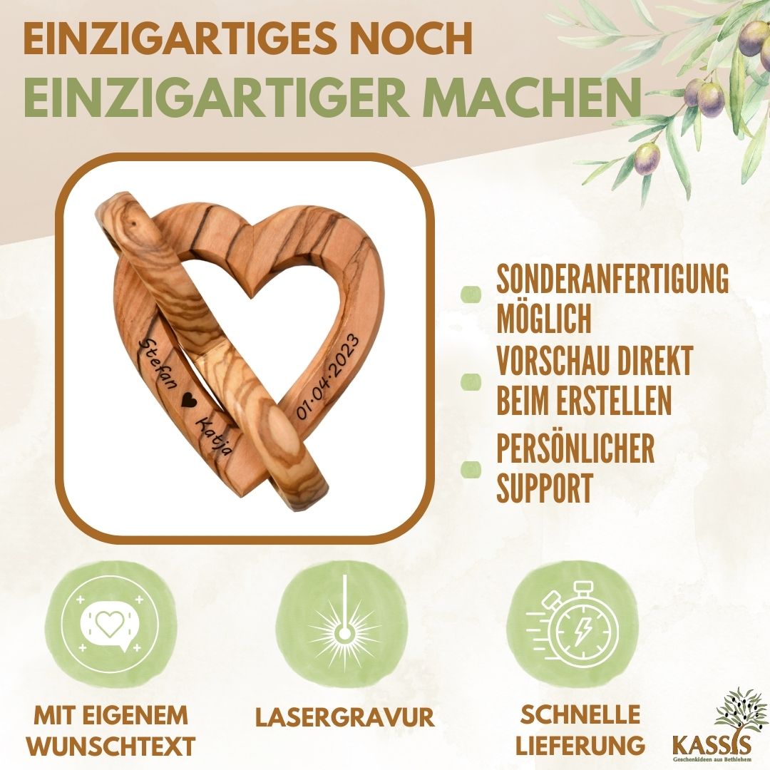 Personalisiertes Herz aus Olivenholz mit Unendlichkeitssymbol 7,5 cm | Geschenk zur Hochzeit, Valentinstag, Jubiläum
