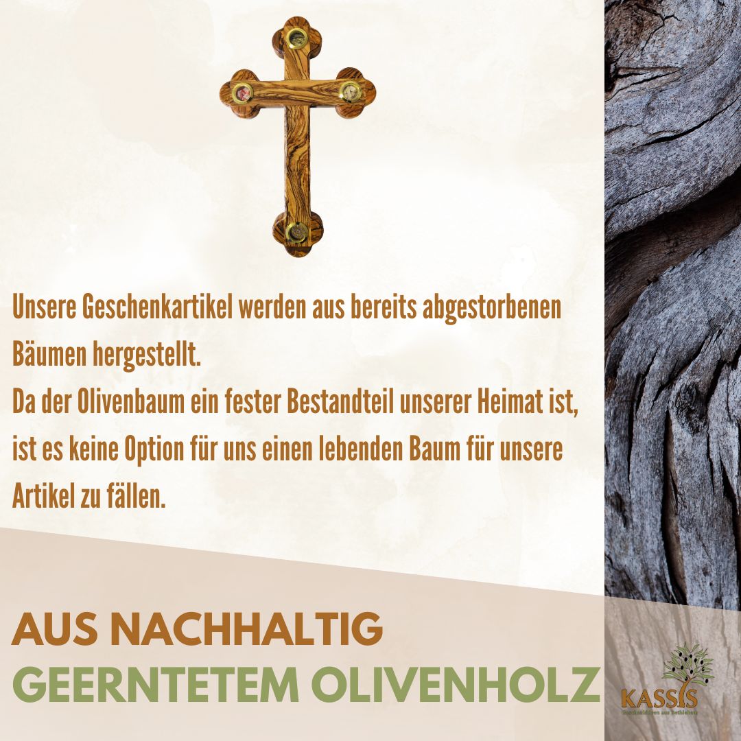 Olivenholz Kreuz mit Einlagen aus Bethlehem 28 × 18,5 cm | Erde, Steine, Weihrauch & Olivenblätter