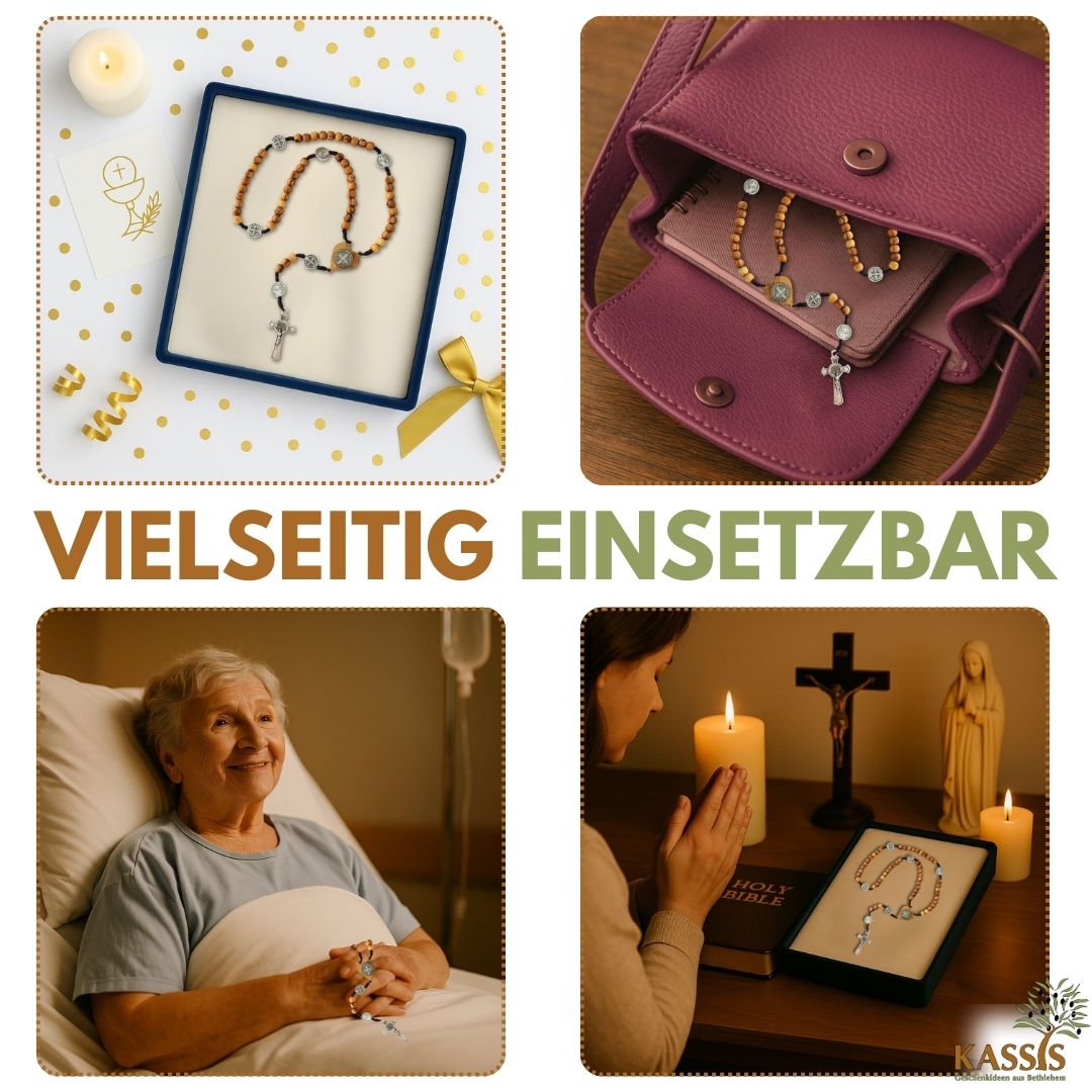 St. Benedikt Rosenkranz aus Olivenholz | Gebetskette mit Kreuz & Medaille, Geschenk Taufe, Kommunion, Firmung