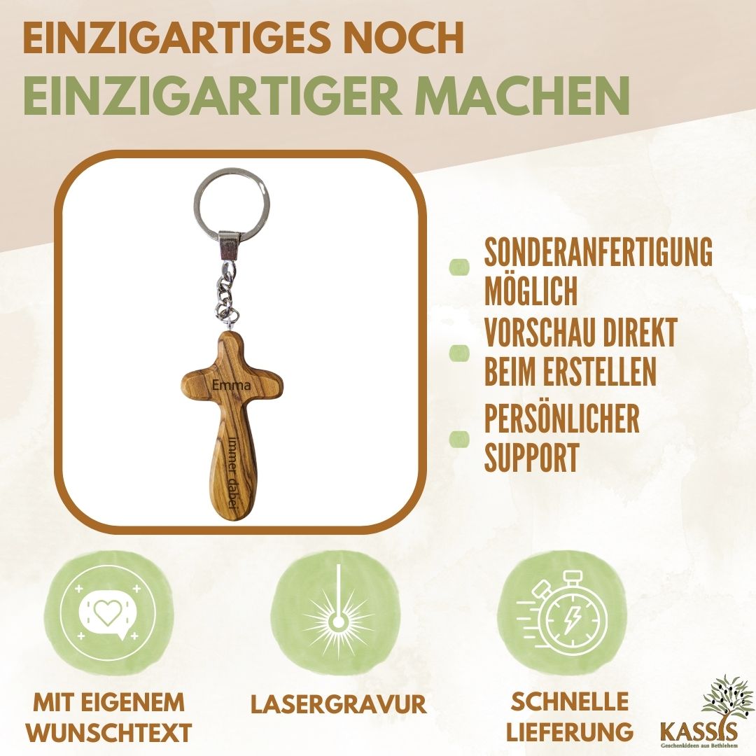 Personalisierter Kreuz Schlüsselanhänger aus Olivenholz mit Gravur 7 cm | Geschenk zur Taufe, Kommunion, Konfirmation