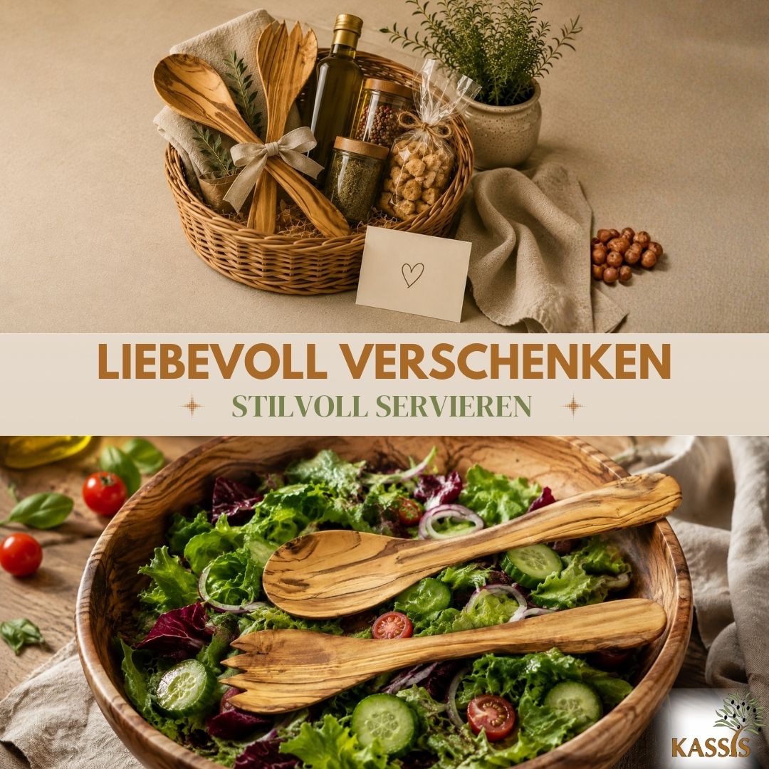 Salatbesteck aus Olivenholz 2-teilig | Salatlöffel & Salatgabel aus Holz Handgefertigtes Servierbesteck