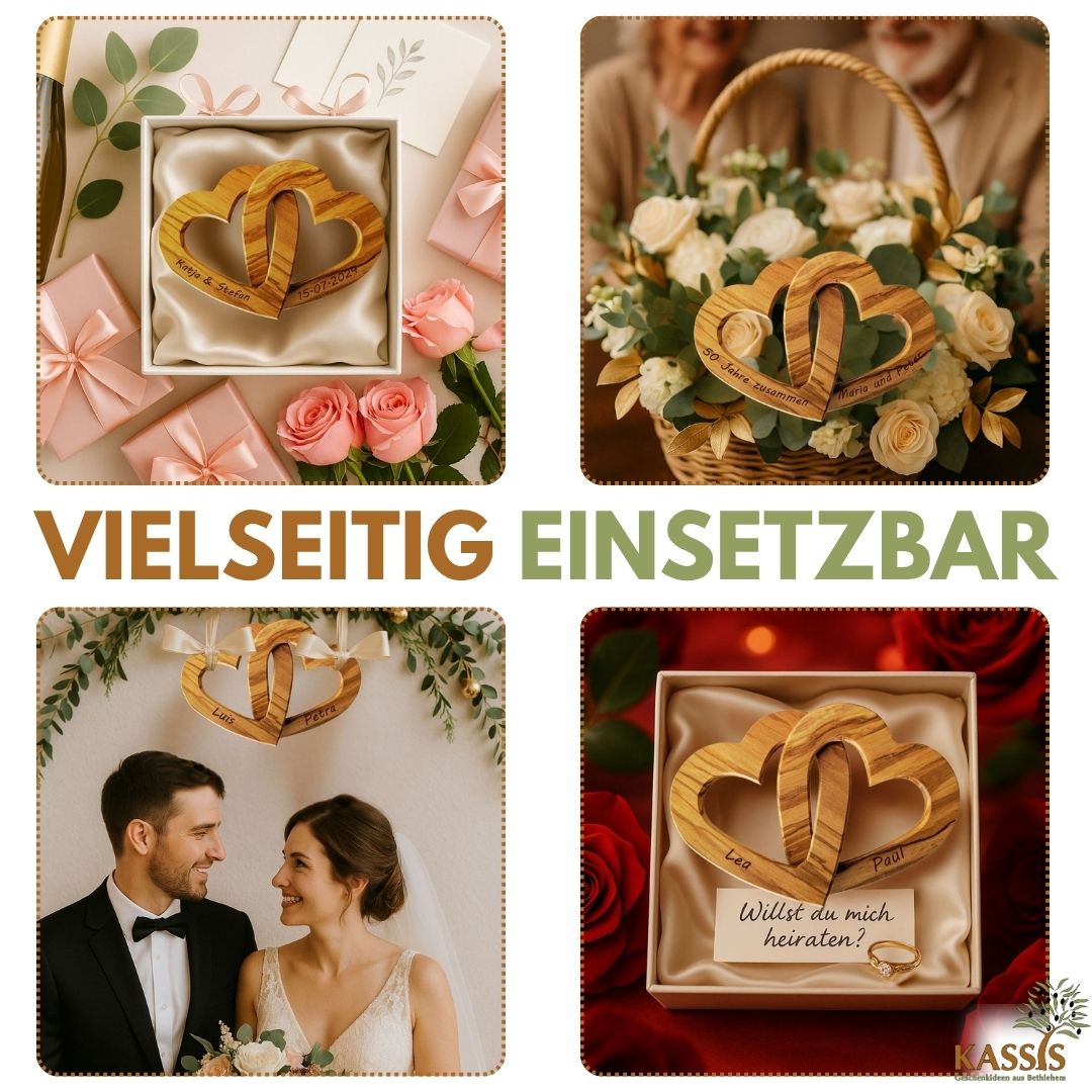 Personalisierte verbundene Herzen aus Olivenholz 15 cm mit Gravur | Geschenk zur Hochzeit, Valentinstag, Jubiläum