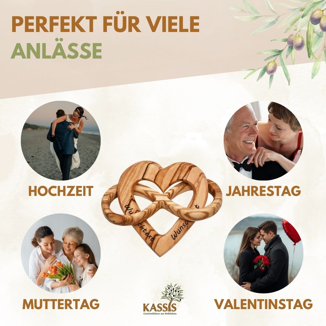 Personalisiertes Herz aus Olivenholz mit Unendlichkeitssymbol 7,5 cm | Geschenk zur Hochzeit, Valentinstag, Jubiläum