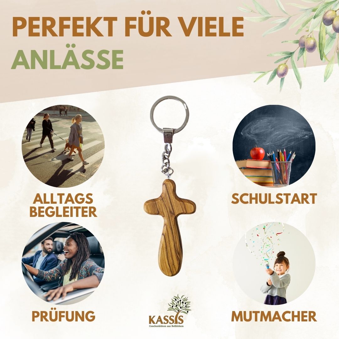 Personalisierter Kreuz Schlüsselanhänger aus Olivenholz mit Gravur 7 cm | Geschenk zur Taufe, Kommunion, Konfirmation