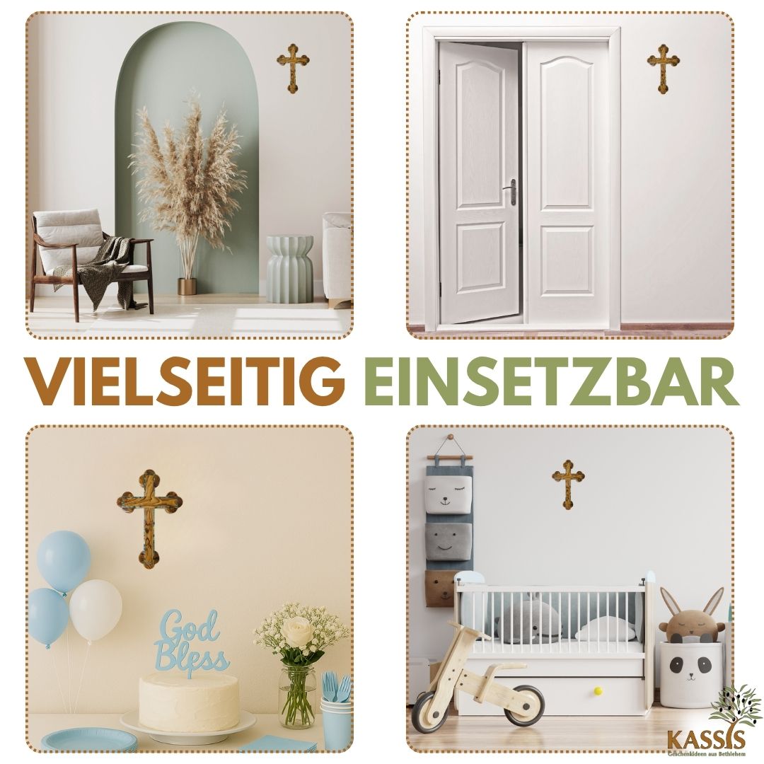 Olivenholz Kreuz mit Perlmutt-Rand | Wandkreuz Geschenk zur Taufe, Kommunion & Firmung