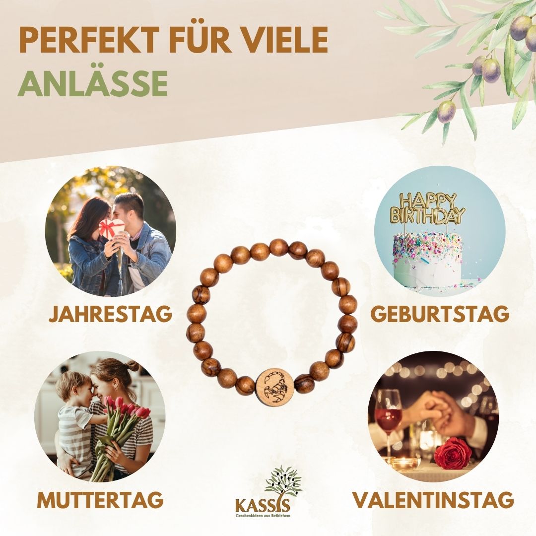 Olivenholz Armband mit Sternzeichen Anhänger | Personalisiertes Perlenarmband Damen & Herren, Geschenk Geburtstag