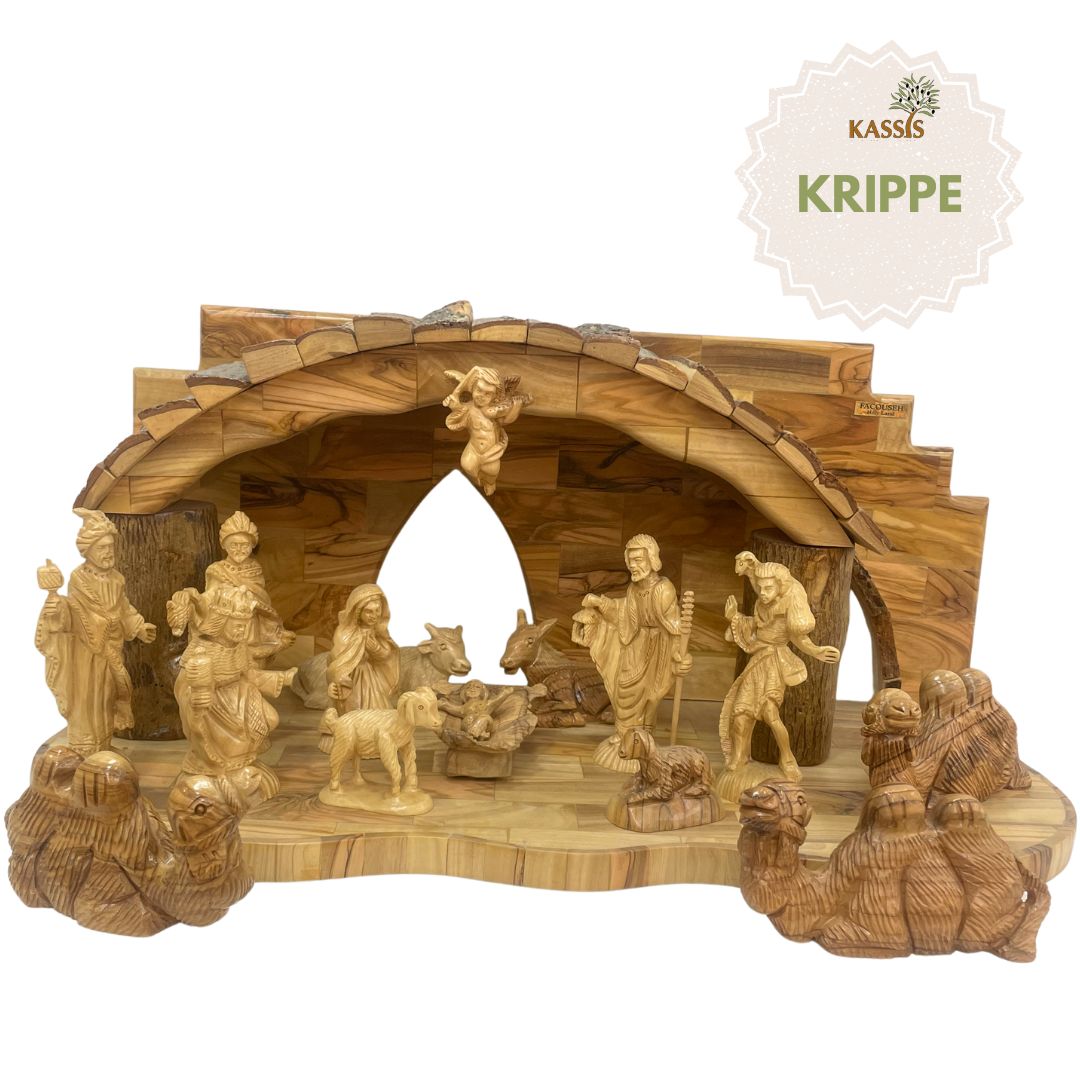Weihnachtskrippe aus Olivenholz mit Figuren | Detailreiche Handarbeit