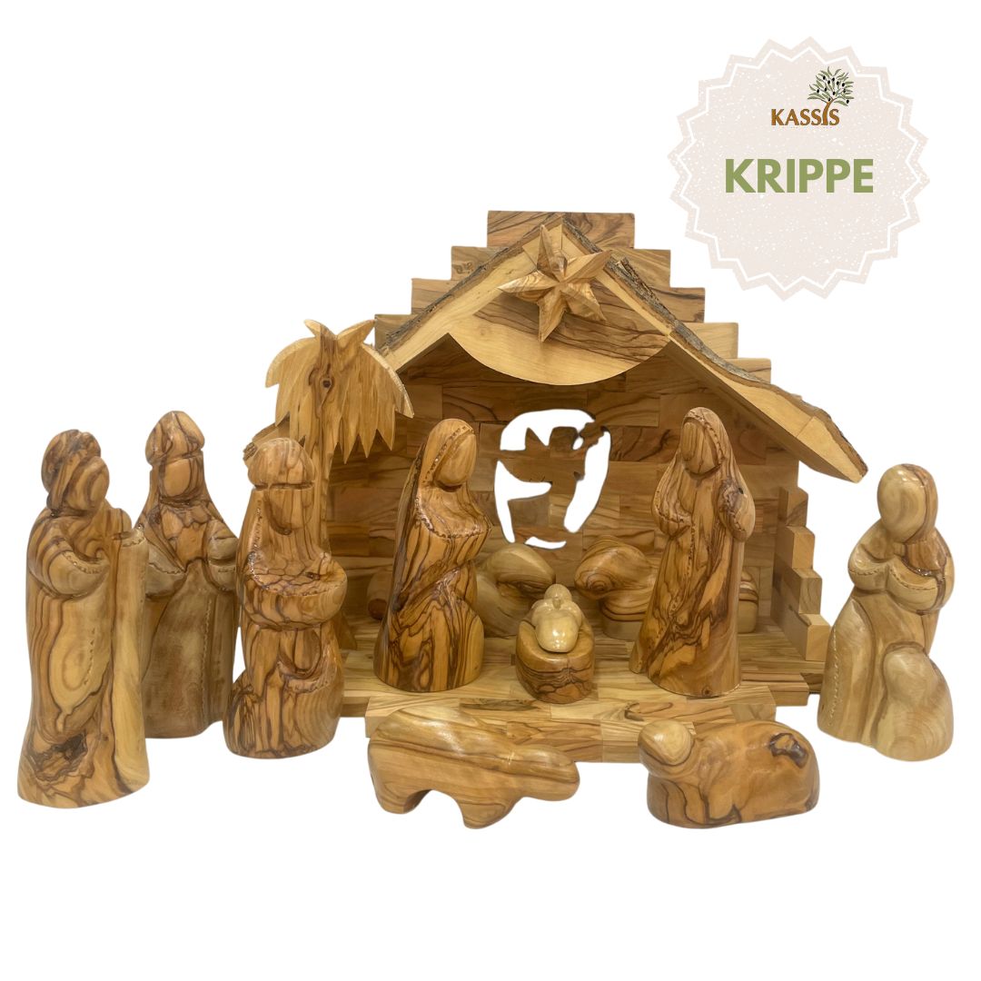 Weihnachtskrippe aus Olivenholz mit Figuren ohne Gesichter (mittelgroß)| Krippenset aus Holz