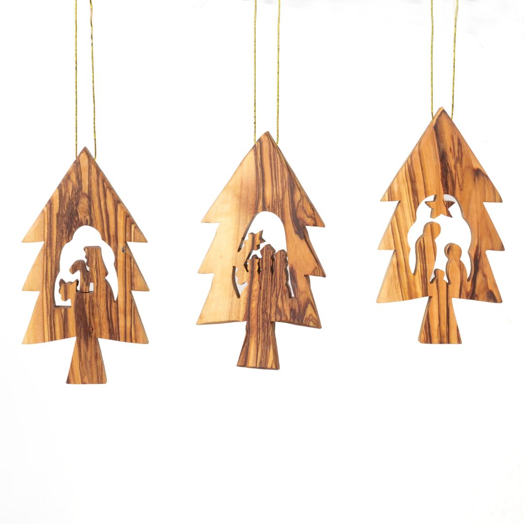 Olivenholz Krippen-Anhänger im Tannenbaum 3er Set (ohne Rinde) | Baumschmuck & Weihnachtsdeko für Advent und Weihnachten