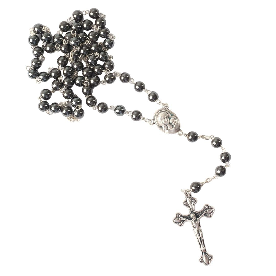Rosenkranz mit runden Hämatitperlen (42 cm) | Gebetskette mit Kreuz als Geschenk zur Taufe, Kommunion & Firmung