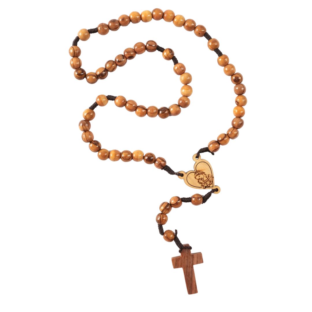Rosenkranz aus Olivenholz mit Herz und Maria (42 cm) | Gebetskette als Geschenk zur Taufe, Kommunion & Firmung