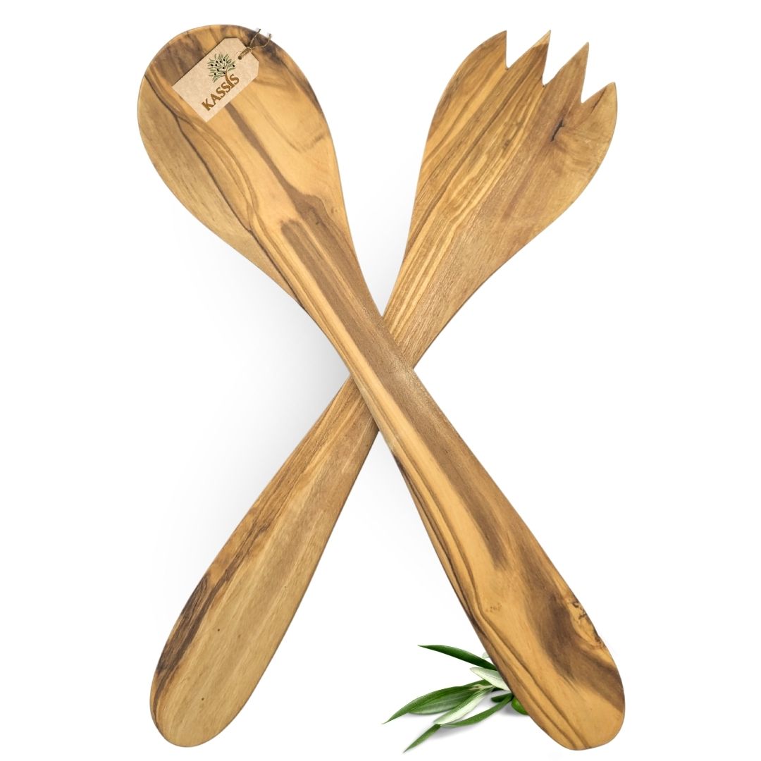 Salatbesteck aus Olivenholz 2-teilig | Salatlöffel & Salatgabel aus Holz Handgefertigtes Servierbesteck