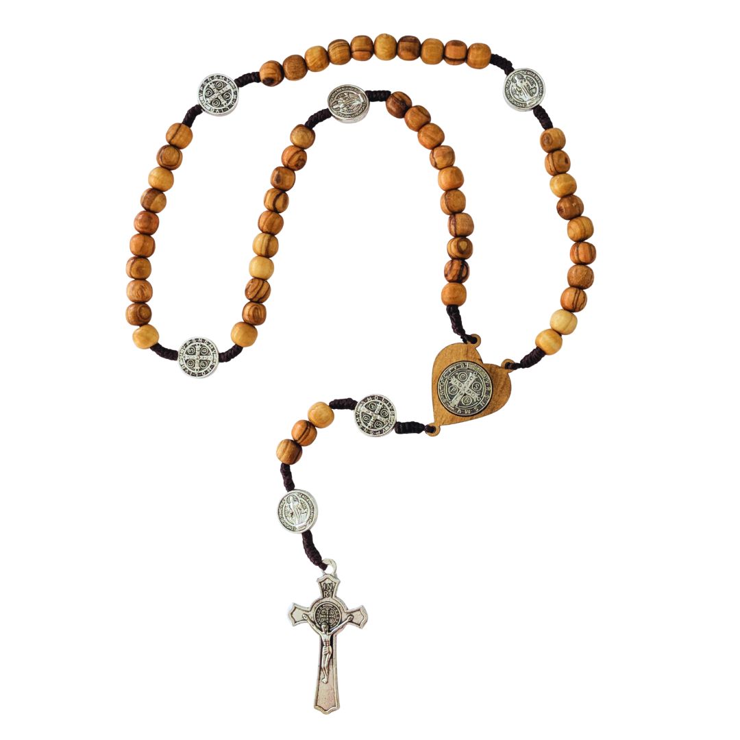 St. Benedikt Rosenkranz aus Olivenholz | Gebetskette mit Kreuz & Medaille, Geschenk Taufe, Kommunion, Firmung