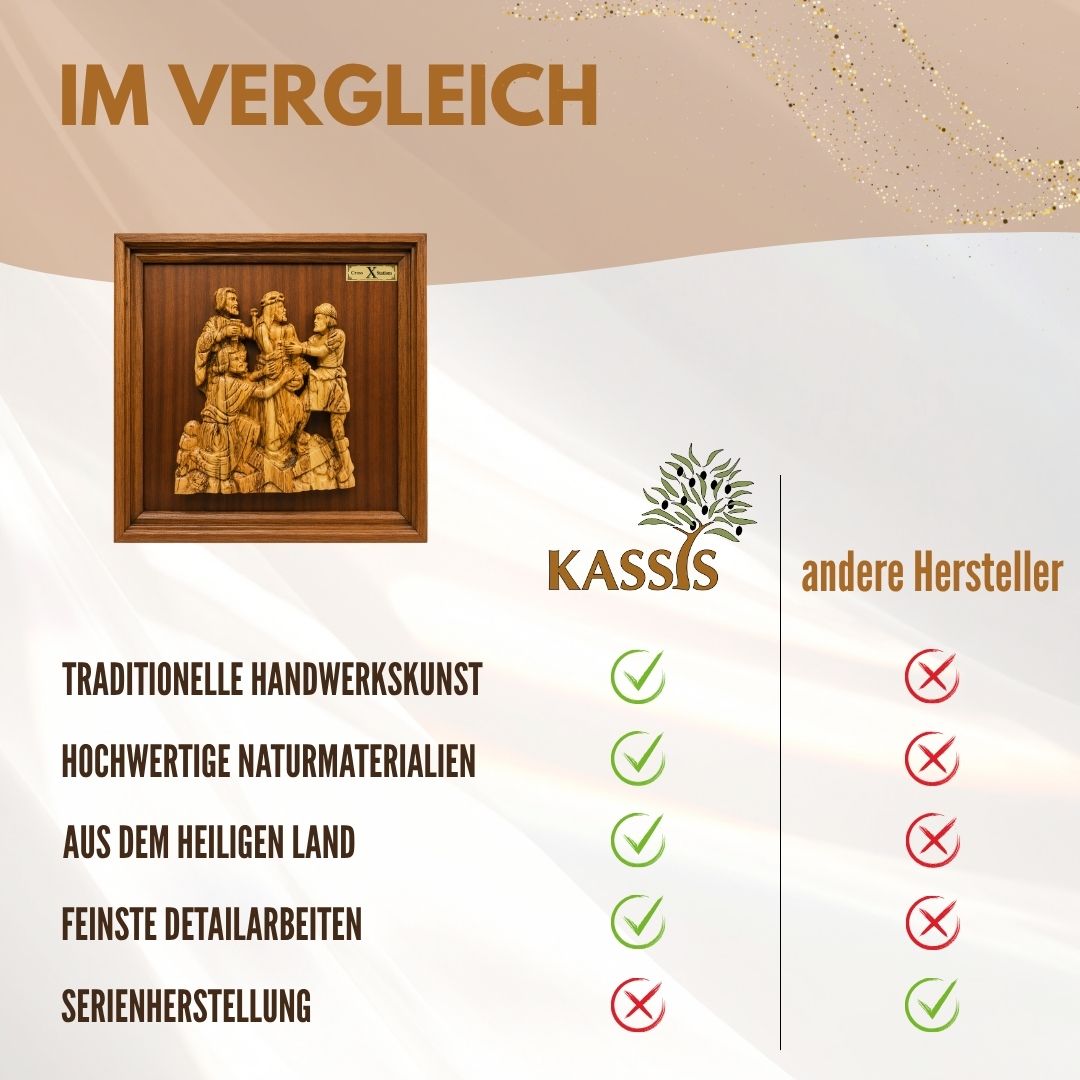Kreuzweg mit 14 Stationen aus Olivenholz - Handgeschnitztes Komplett-Set aus Bethlehem