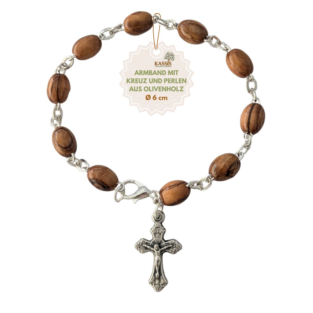 Olivenholz Armband mit ovalen Perlen | Perlenarmband Damen & Herren, Geschenk Taufe, Kommunion