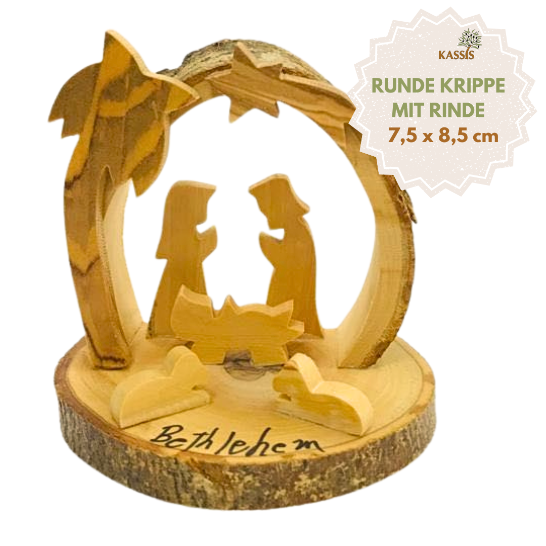 Runde Krippe aus Olivenholz mit Rinde, 7,5 cm | Weihnachtsdeko & Geschenk für Advent und Weihnachten