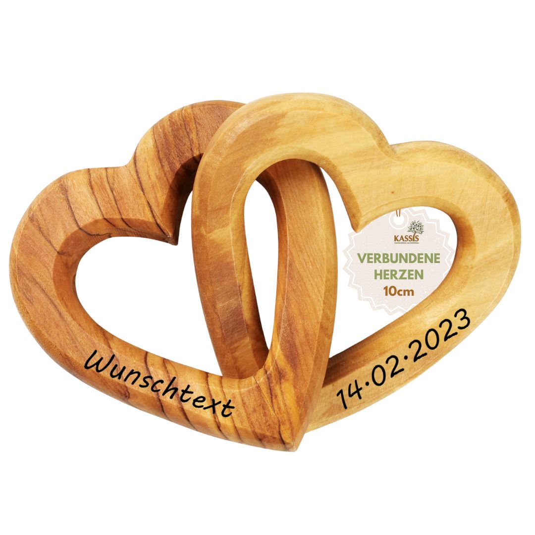 Personalisierte verbundene Herzen aus Olivenholz 10 cm mit Gravur | Geschenk zur Hochzeit, Valentinstag, Jubiläum