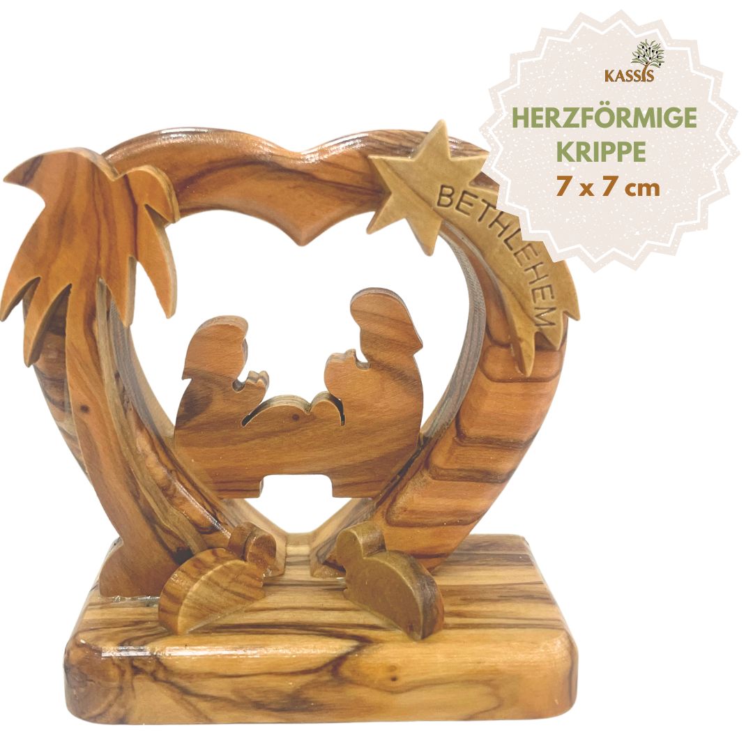Herzförmige Krippe aus Olivenholz , 7 cm | Weihnachtsdeko & Geschenk für Advent und Weihnachten