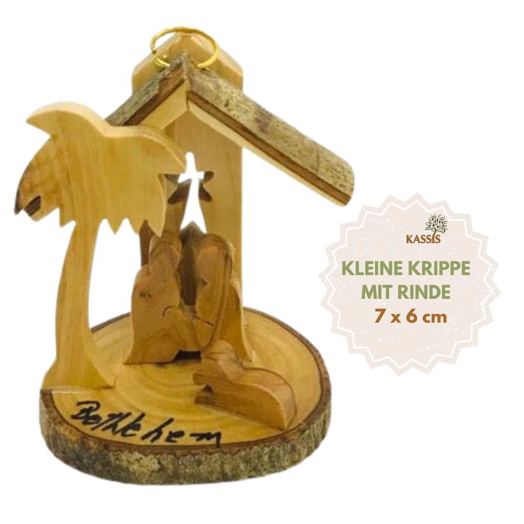 Krippe zum Aufhängen aus Olivenholz mit Rinde, 7 cm | Weihnachtsdeko & Geschenk für Advent und Weihnachten